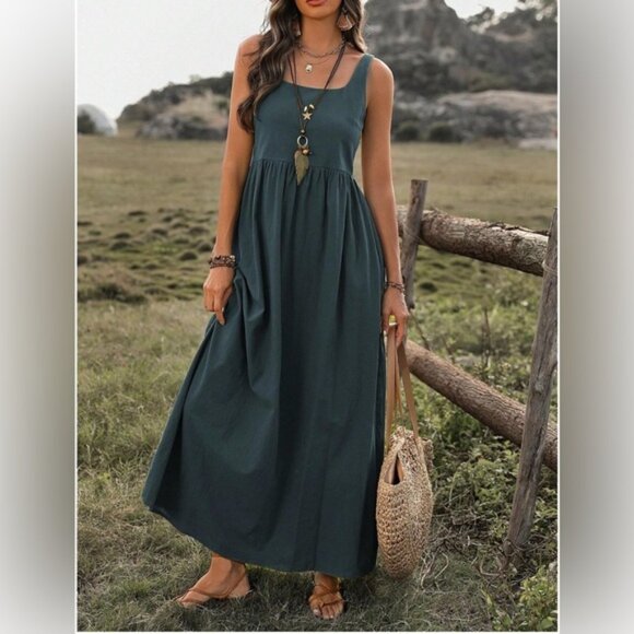 Cotton Sleeveless Tank A- Line Dress Green - Picture 1 of 5